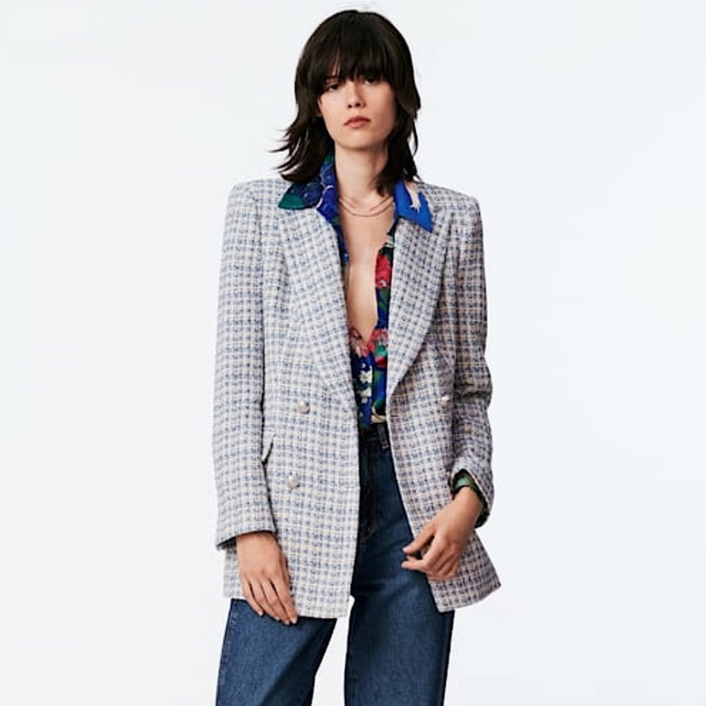 🆕 ZARA Textured Double Breasted Jacket in Light Blue SZ XS